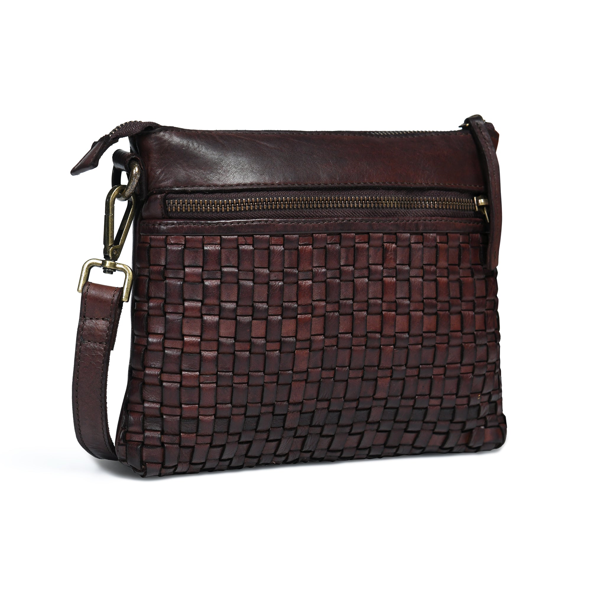 Woven Elegance Leather Handbag - Brown Colour